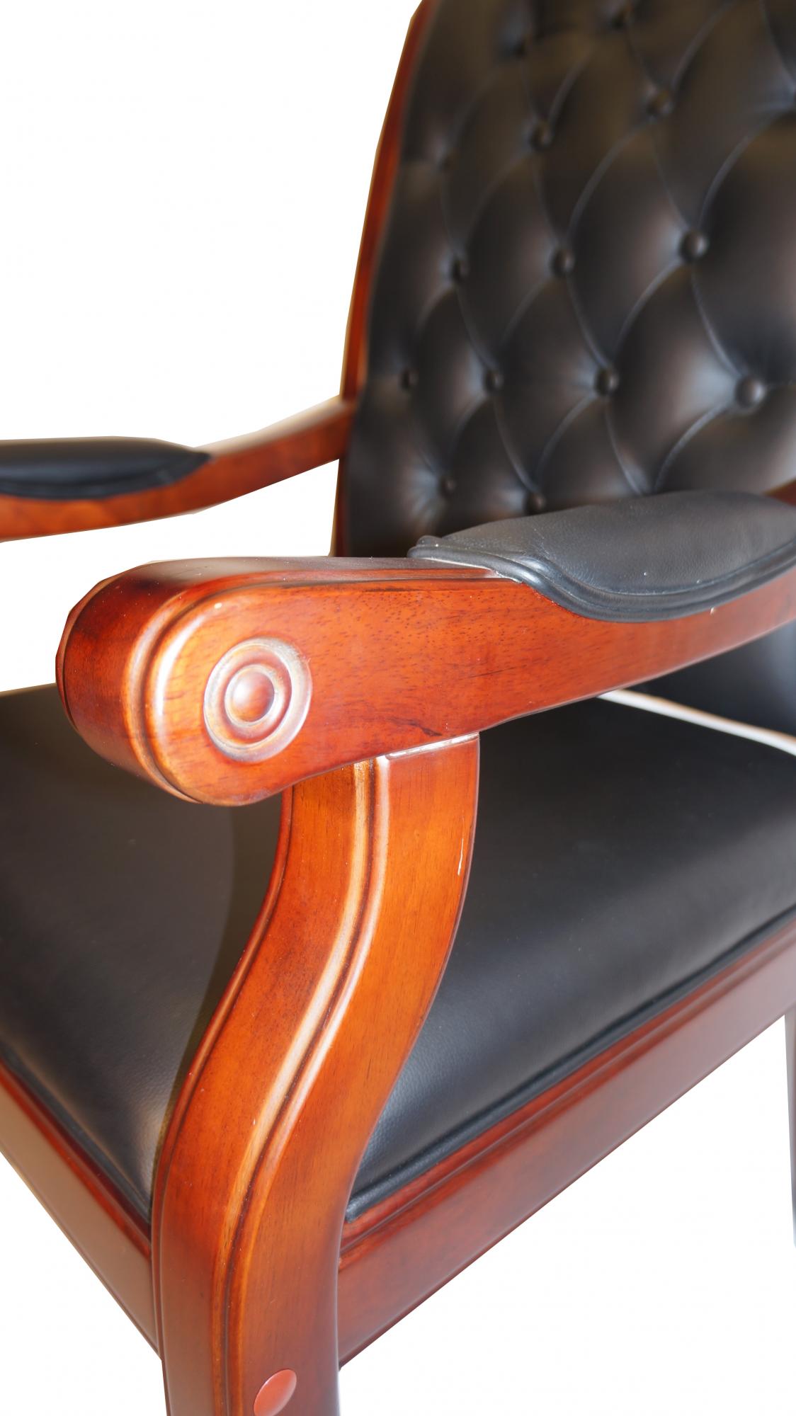 Chesterfield Black Genuine Leather Visitor Chair with Walnut Arms - GRA-F55C-1